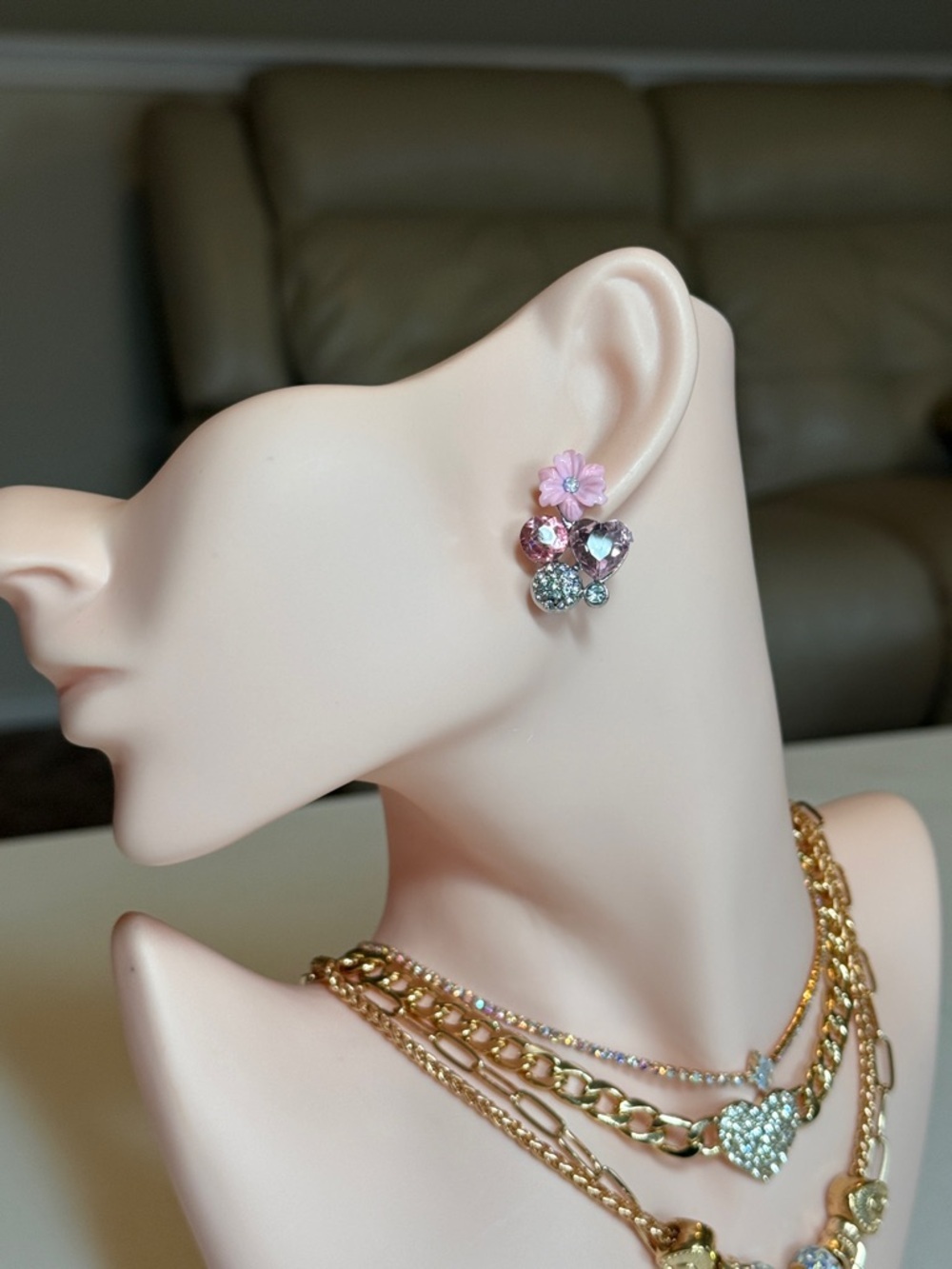 Pink Flower Cluster Crystal Stud Earrings - Picture 4 of 12